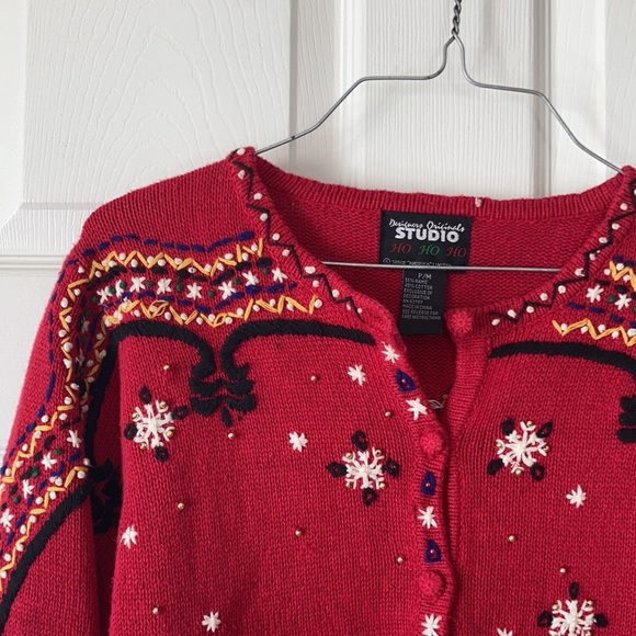 Designers originals vtg red Santa crew neck button front ugly Christmas sweater - Picture 8 of 16